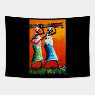 African Women Carrying Wood with Children, Black History Art Tapestry