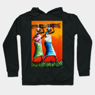 African Women Carrying Wood with Children, Black History Art Hoodie