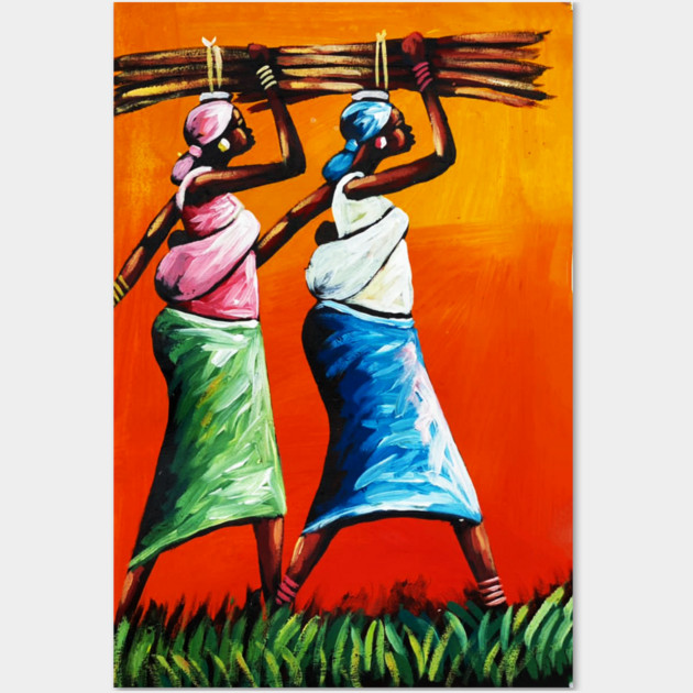 African Women Carrying Wood with Children, Black History Art Wall Art by logiamerch