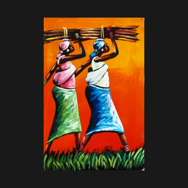 African Women Carrying Wood with Children, Black History Art by logiamerch