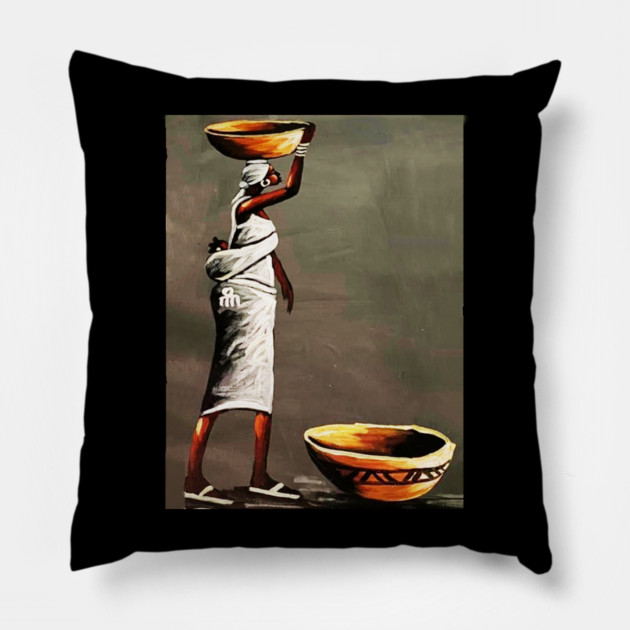 African Woman Carrying Bowl, Black History Art Pillow by logiamerch