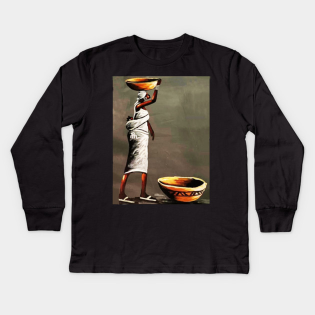 African Woman Carrying Bowl, Black History Art Kids Long Sleeve T-Shirt by logiamerch
