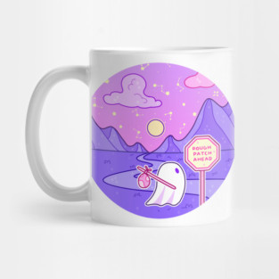 A ghost reads a stop sign that says rough patch ahead Mug
