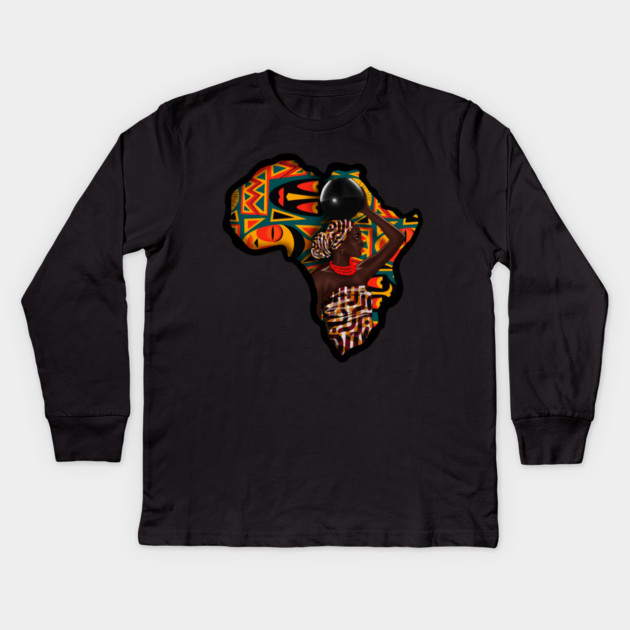 Africa Map, Beautiful Proud African Woman with Pattern Kids Long Sleeve T-Shirt by logiamerch