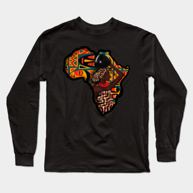 Africa Map, Beautiful Proud African Woman with Pattern Long Sleeve T-Shirt by logiamerch