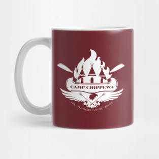 Camp Chippewa Wednesday Addams Inspired Eagle and Canoe Fan Logo in White Mug