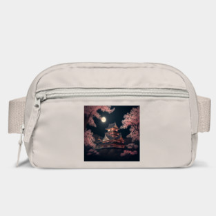 Japanese Castle Surrounded By Sakura At Night Illustration Scenery Bag