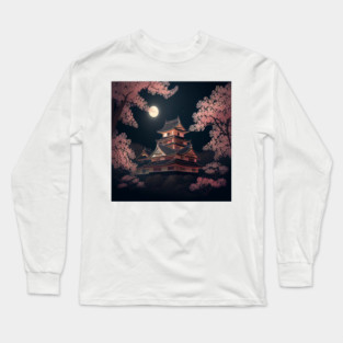 Japanese Castle Surrounded By Sakura At Night Illustration Scenery Long Sleeve T-Shirt