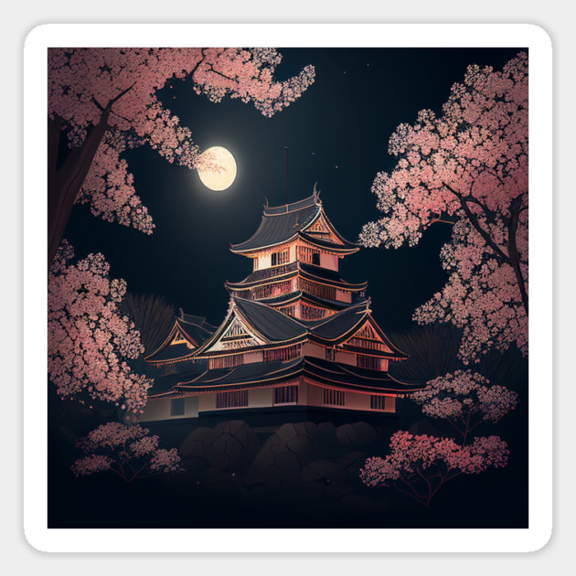 Japanese Castle Surrounded By Sakura At Night Illustration Scenery Magnet by Tshirtiz