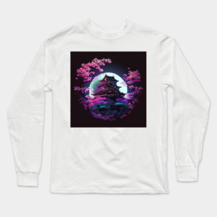 Japanese Castle Surrounded By Sakura At Night Illustration Scenery Long Sleeve T-Shirt