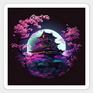 Japanese Castle Surrounded By Sakura At Night Illustration Scenery Magnet