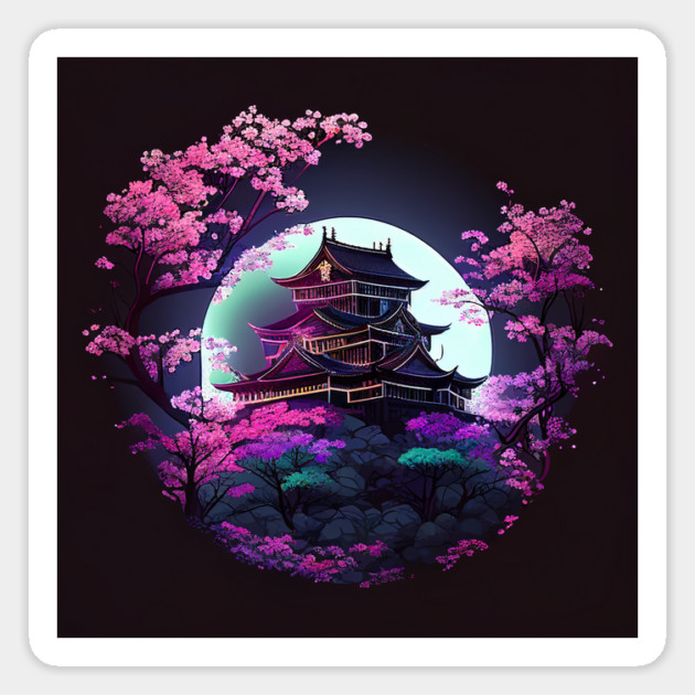 Japanese Castle Surrounded By Sakura At Night Illustration Scenery Magnet by Tshirtiz