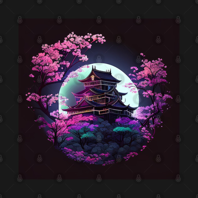 Japanese Castle Surrounded By Sakura At Night Illustration Scenery by Tshirtiz