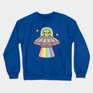 Cute Alien In UFO Spaceship With Rainbow Ray Crewneck Sweatshirt