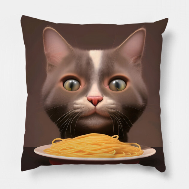 Cat eating spaghetti Pillow by animegirlnft