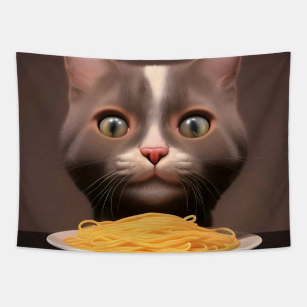 Cat eating spaghetti Tapestry by animegirlnft