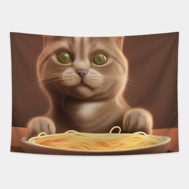 Cat eating spaghetti Tapestry by animegirlnft