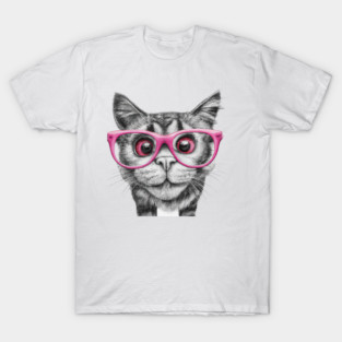 pencil black and white drawing of curious cat wearing light pink colored glasses art T-Shirt