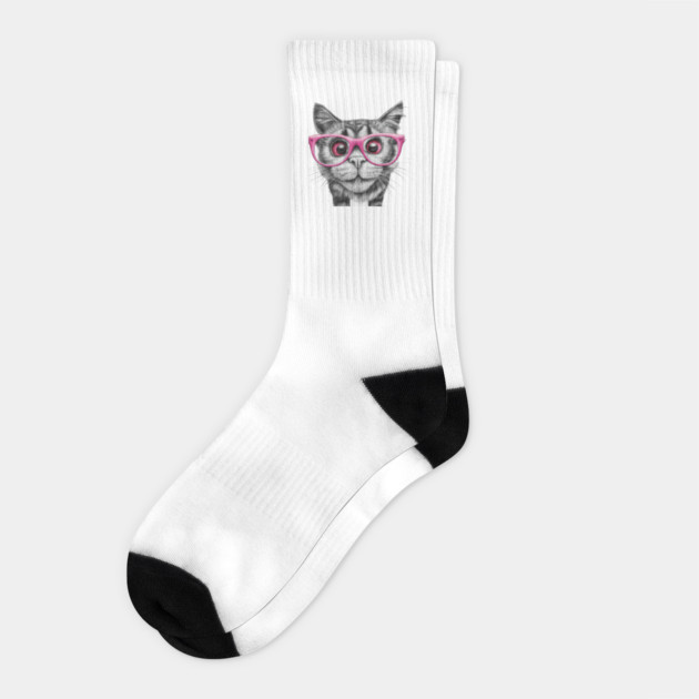 pencil black and white drawing of curious cat wearing light pink colored glasses art Socks by Pixel Threads 