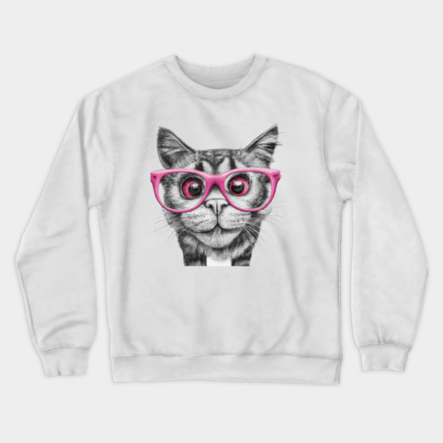 pencil black and white drawing of curious cat wearing light pink colored glasses art Crewneck Sweatshirt by Pixel Threads 