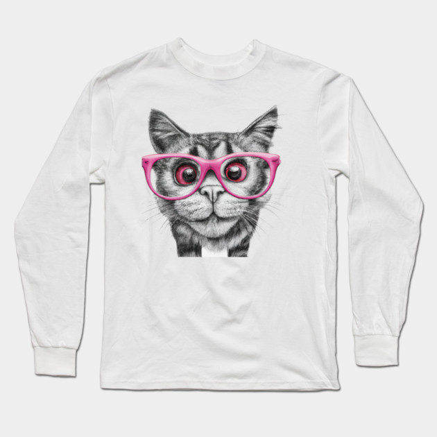 pencil black and white drawing of curious cat wearing light pink colored glasses art Long Sleeve T-Shirt by Pixel Threads 