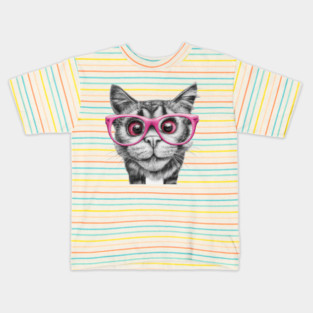 pencil black and white drawing of curious cat wearing light pink colored glasses art Kids T-Shirt