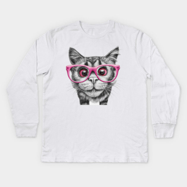pencil black and white drawing of curious cat wearing light pink colored glasses art Kids Long Sleeve T-Shirt by Pixel Threads 