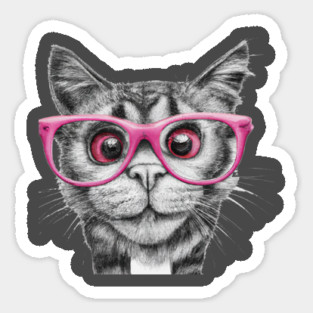 pencil black and white drawing of curious cat wearing light pink colored glasses art Sticker