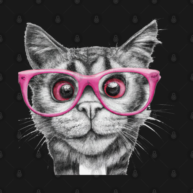 pencil black and white drawing of curious cat wearing light pink colored glasses art by Pixel Threads 