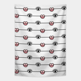 Funky Graphic Lips and Eyes Pattern Black, Pink, White Tapestry