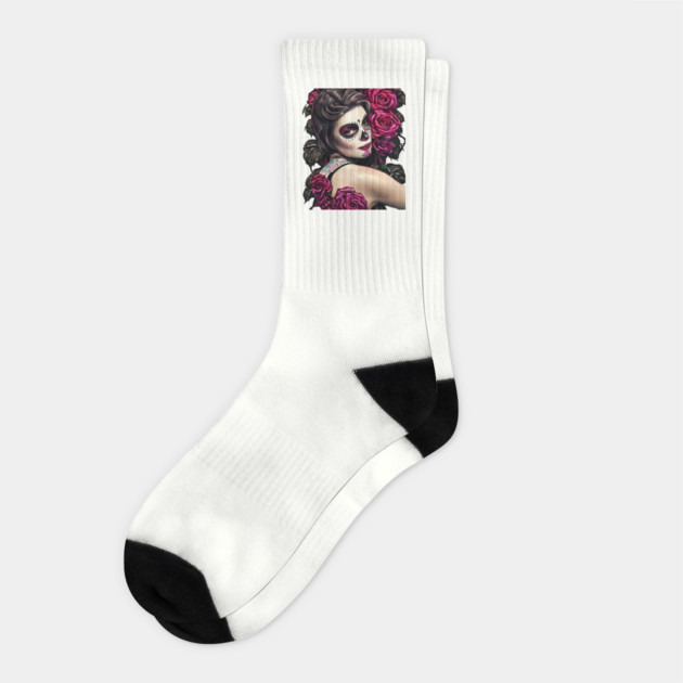 Day of The Dead Pin Up Girl with Tattooes & Roses Socks by animegirlnft