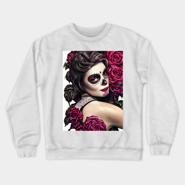 Day of The Dead Pin Up Girl with Tattooes & Roses Crewneck Sweatshirt by animegirlnft