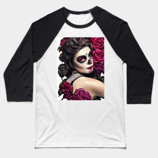 Day of The Dead Pin Up Girl with Tattooes & Roses Baseball T-Shirt