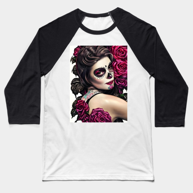 Day of The Dead Pin Up Girl with Tattooes & Roses Baseball T-Shirt by animegirlnft