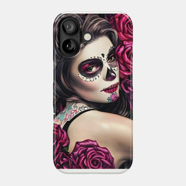Day of The Dead Pin Up Girl with Tattooes & Roses Phone Case by animegirlnft