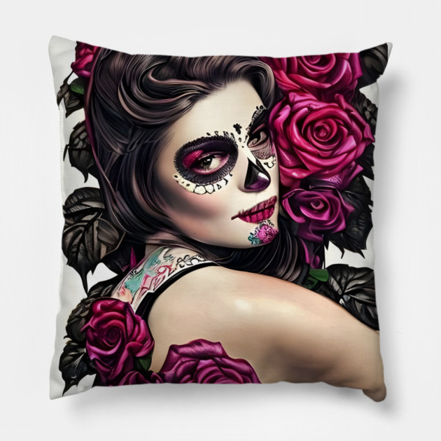 Day of The Dead Pin Up Girl with Tattooes & Roses Pillow by animegirlnft