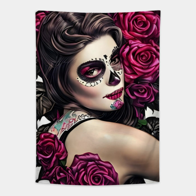 Day of The Dead Pin Up Girl with Tattooes & Roses Tapestry by animegirlnft