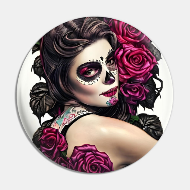 Day of The Dead Pin Up Girl with Tattooes & Roses Pin by animegirlnft