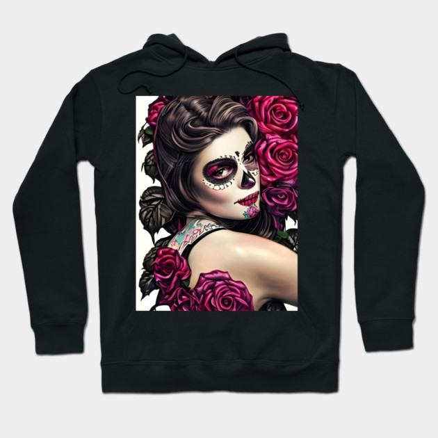Day of The Dead Pin Up Girl with Tattooes & Roses Hoodie by animegirlnft