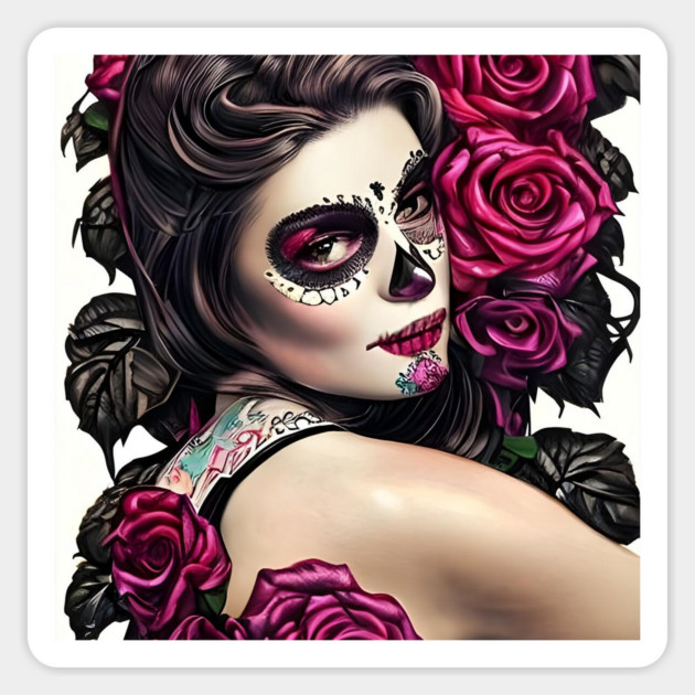 Day of The Dead Pin Up Girl with Tattooes & Roses Sticker by animegirlnft