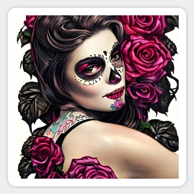 Day of The Dead Pin Up Girl with Tattooes & Roses Magnet by animegirlnft