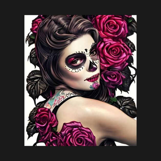 Day of The Dead Pin Up Girl with Tattooes & Roses by animegirlnft