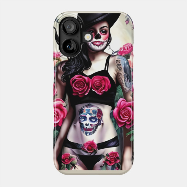 Tattooed Goth Pin Up Girl with Roses Phone Case by animegirlnft