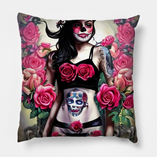 Tattooed Goth Pin Up Girl with Roses Pillow by animegirlnft