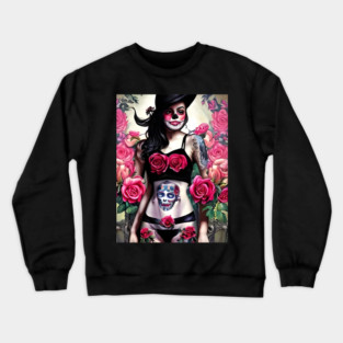Tattooed Goth Pin Up Girl with Roses Crewneck Sweatshirt