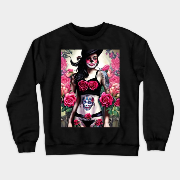 Tattooed Goth Pin Up Girl with Roses Crewneck Sweatshirt by animegirlnft