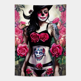 Tattooed Goth Pin Up Girl with Roses Tapestry