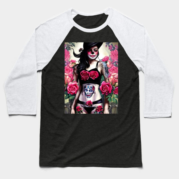 Tattooed Goth Pin Up Girl with Roses Baseball T-Shirt by animegirlnft