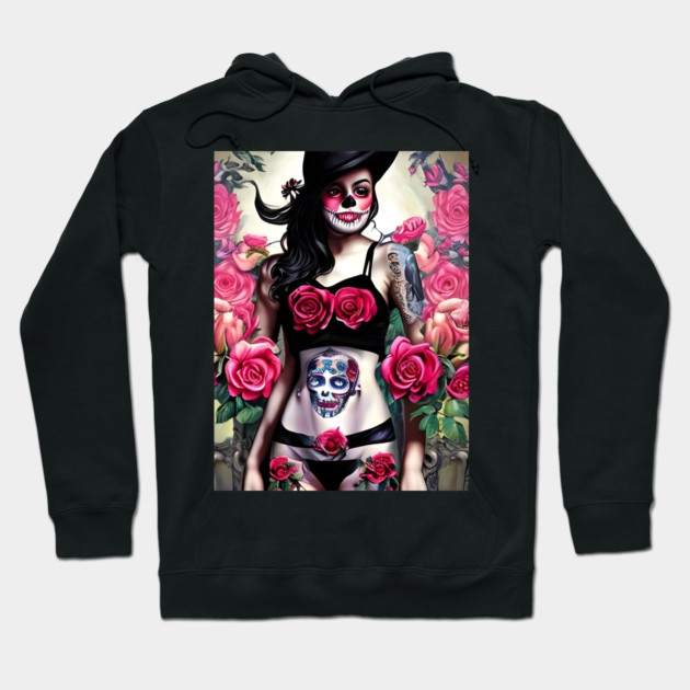 Tattooed Goth Pin Up Girl with Roses Hoodie by animegirlnft