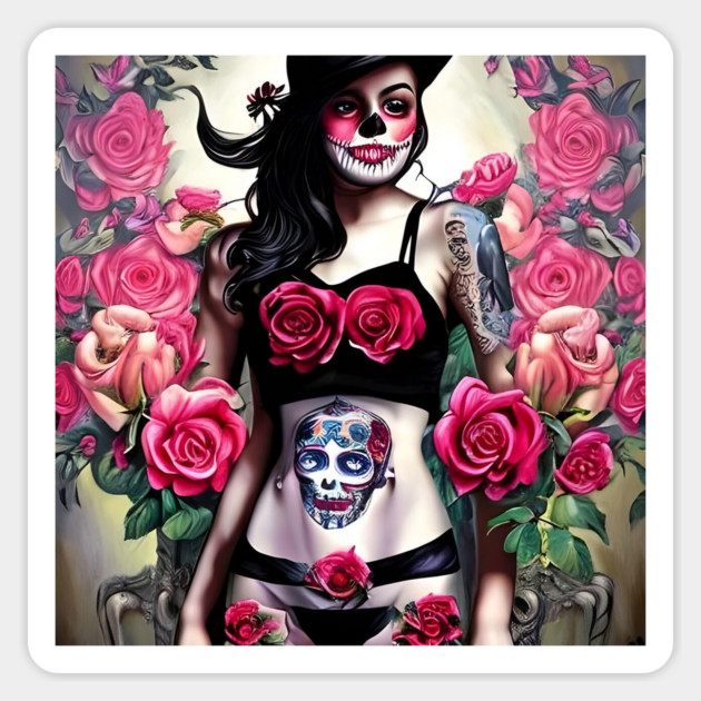 Tattooed Goth Pin Up Girl with Roses Sticker by animegirlnft